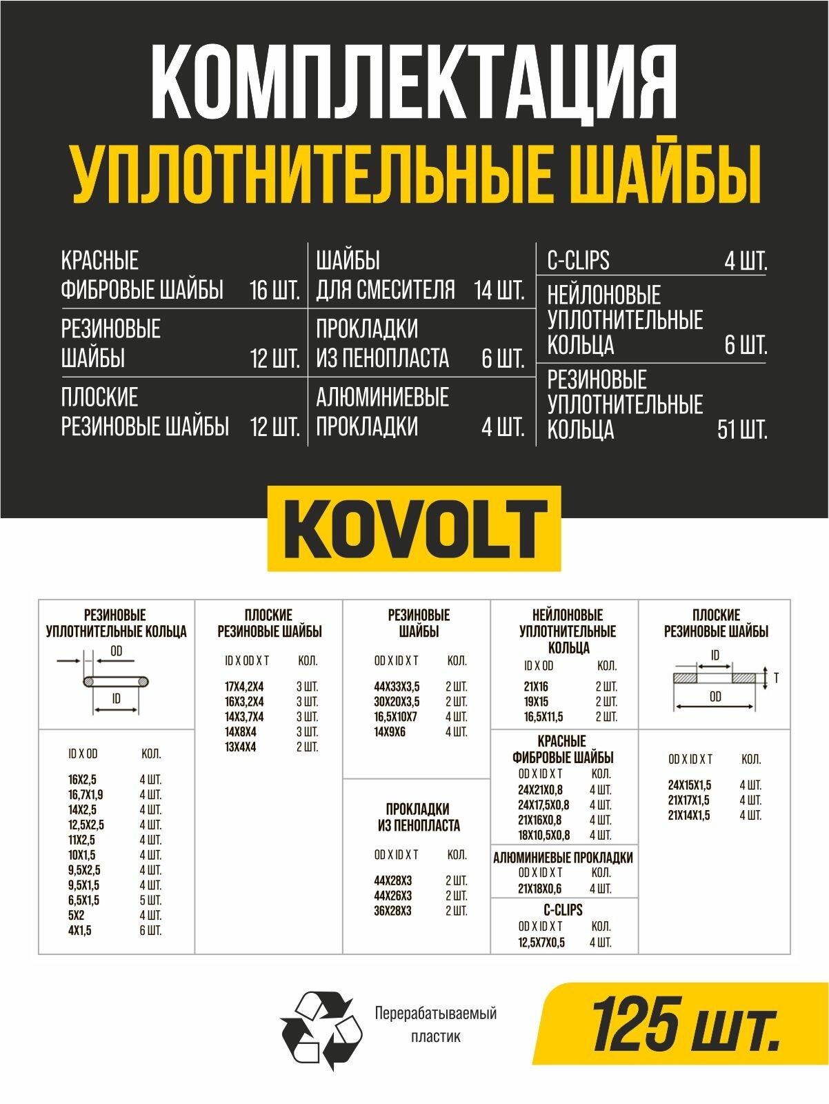 Набор уплотнительных шайб, разнообразный материал, 125 шт, KOVOLT — фото 1