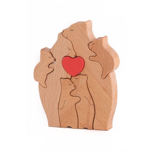 фигурка семья интерьерная, натуральное дерево, статуэтка деревянная для декора, семья медведей 2+4 с сердцем, 11х16х2см, LeoPilit