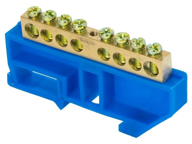 Шина нулевая N 6х9 8 отверстий синий изолятор на DIN-рейку латунь розн. стикер PROxima EKF sn0-63-08-d-r - фотография № 1
