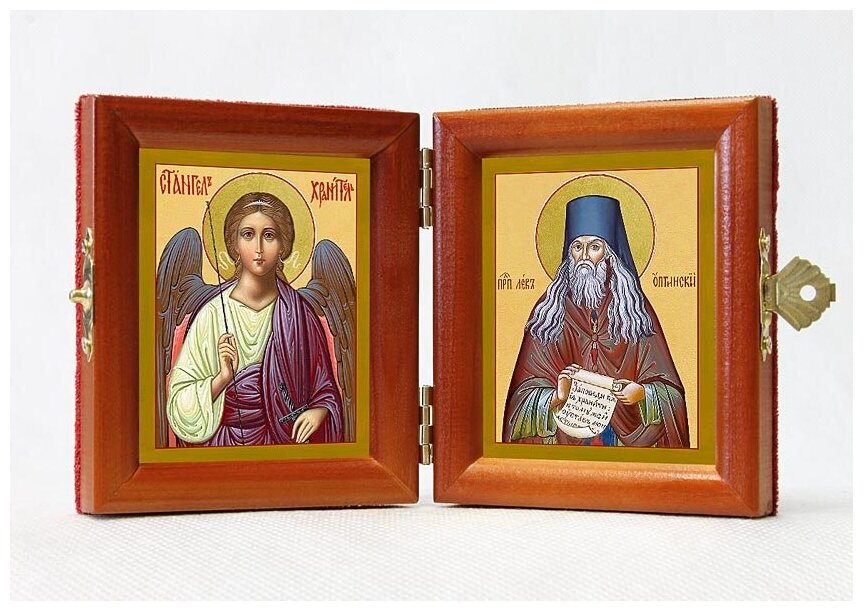 Складень именной "Преподобный Лев Оптинский, Наголкин - Ангел Хранитель", из двух икон 8*9,5 см