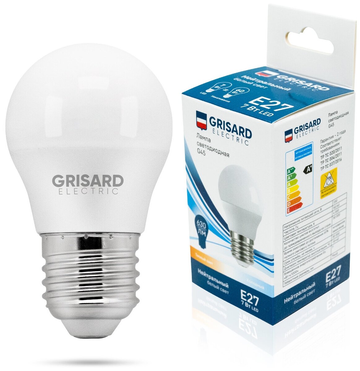 Лампа светодиодная GRISARD ELECTRIC шар G45 E27 7Вт 4000К 220В