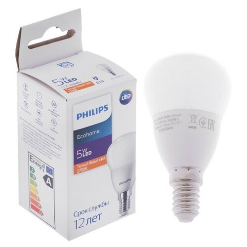 Лампа светодиодная Philips Ecohome Lustre 827, E14, 5 Вт, 2700 К, 500 Лм, шар./В упаковке шт: 1