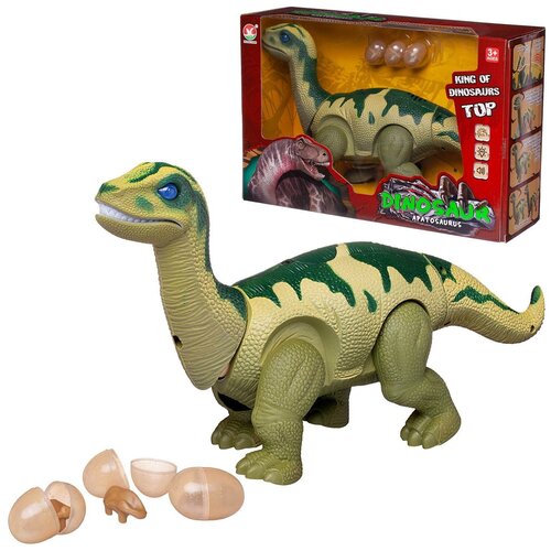 Купить Динозавр Апатозавр, электромеханический, движение, откладывает яйца, световые и звуковые эффекты, 38х24х10см - Junfa Toys [WB-00700/зеленый]