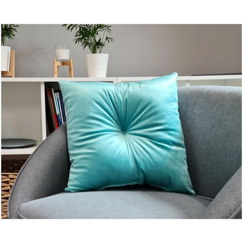 Подушка 40х40 см, с имитац.пуговиц, велюр бирюза