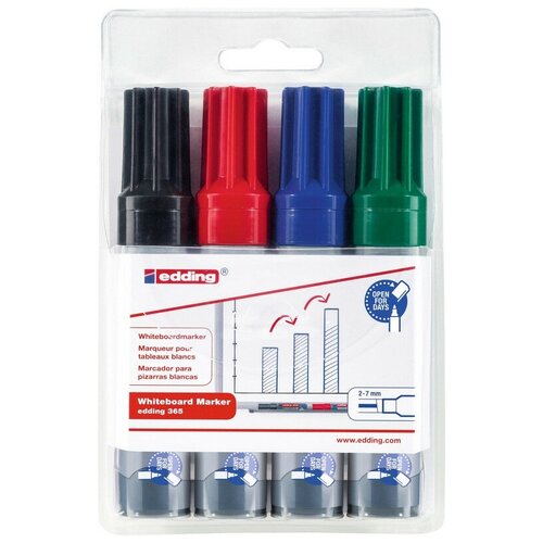 Набор маркеров для досок Edding 365 (скошенный наконечник, 2-7мм, 4 цвета) 4шт.