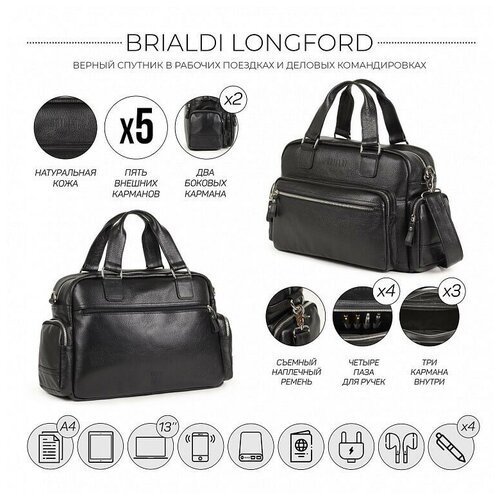 Вместительная мужская кожаная деловая сумка BRIALDI Longford BR34146BX relief black