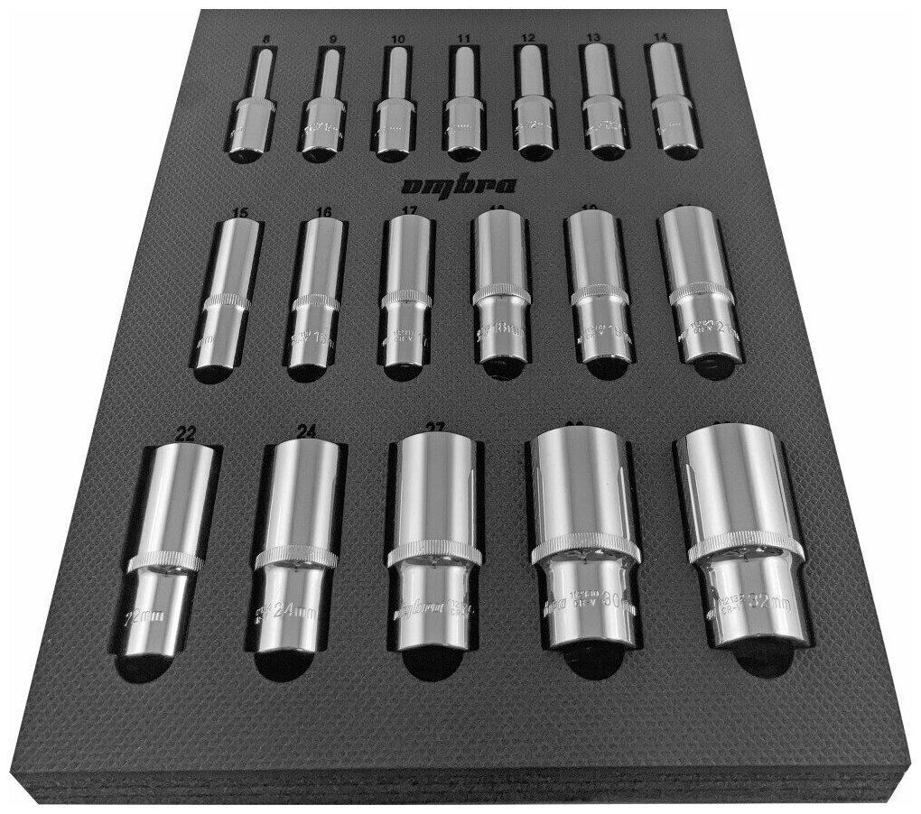Набор головок глубоких 1/2" 18 пр. 6 гр. 8-32 мм EVA ложементе 280х375 мм Ombra OMT18STE