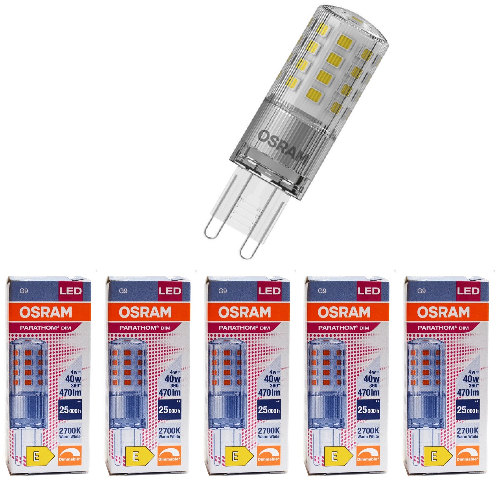 Лампочка светодиодная OSRAM Капсула G9 44Вт 220В 470Лм 2700К Теплый белый Диммируемая упаковка 5шт