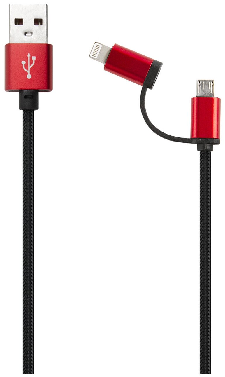 Дата-кабель Red Line LX01 2 in 1, USB - microUSB+8-pin, нейлоновая оплетка, черный