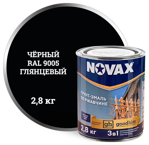 Грунт Эмаль 3в1 NOVAX GOODHIM черный RAL 9005 (глянцевая), 2,8 кг. 10977