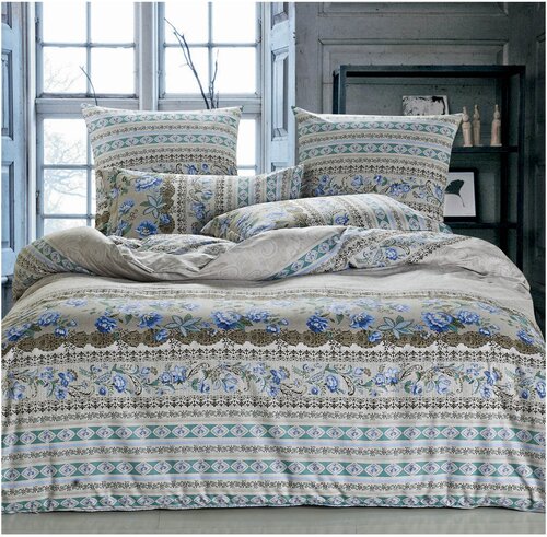 Комплект постельного белья СайлиД A-166, 1.5-спальное, поплин, бежевый/голубой