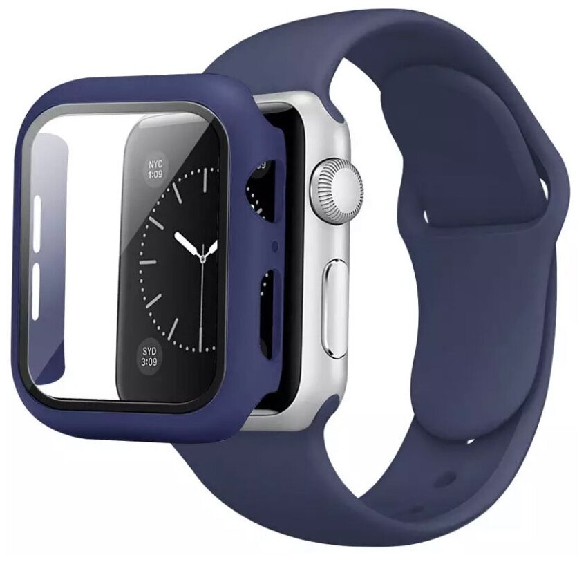 Чехол для Apple Watch 7 45мм со стеклом + силиконовый ремешок для Apple Watch 7 45mm темно-синий