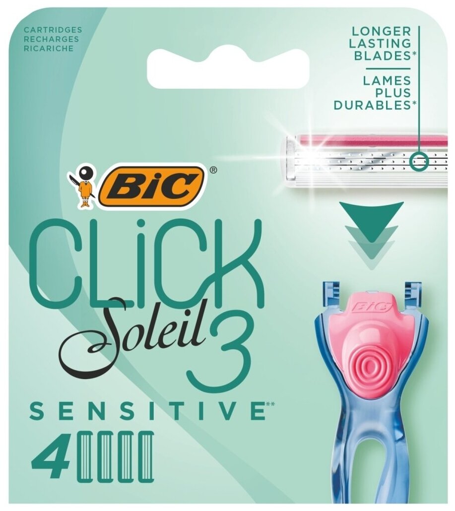 Сменные кассеты для бритья 3 лезвия BIC Click 3 Soleil Sensitive сменные лезвия для женской бритвы набор из 4 шт