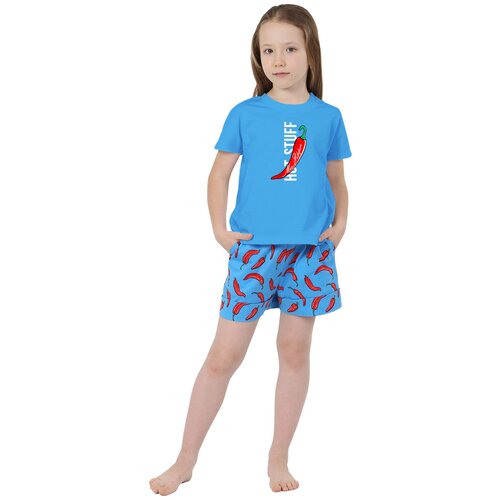 фото Детская пижама перчик голубой размер 36 кулирка оптима трикотаж рисунок надписи верх с коротким рукавом и круглым вырезом, с принтом, шорты прямые, на
