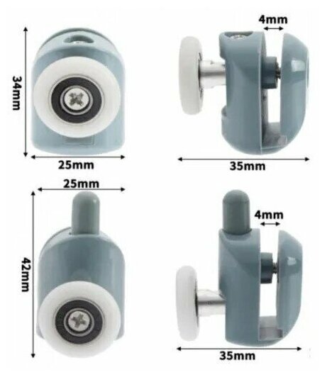 Комплект роликов для душевой кабины S-R02/4-19, 4 штук, 2 верхних и 2 нижних, серые одинарные, диаметр колеса 19 мм.