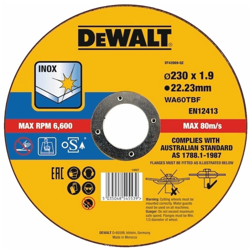 Круг отрезной по металлу и нержавеющей стали DeWalt 230*1,9*22,2мм DT43909-QZ - фото №1