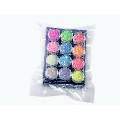 Набор блесток глиттер с добавлением люминофора 12 цветов по 1,5 г светится в темноте до 8 часов / Коктейль Чудес / пробники для хобби и творчества