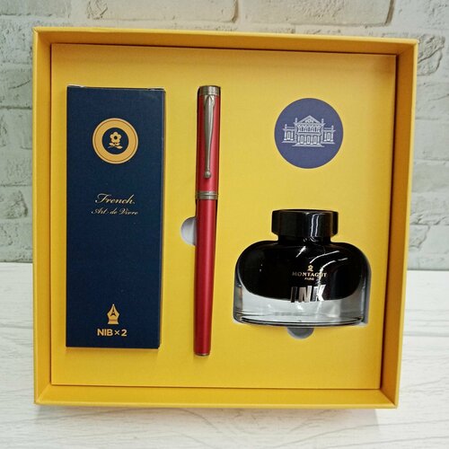 Ручка в футляре TJ-11 Montagut 0.5мм перьевая, Красная, металлический корпус, поршневая + чернила 30мл, сменное перо, сменная ручка роллер с стержнем, в к/кор M308 (1/10)