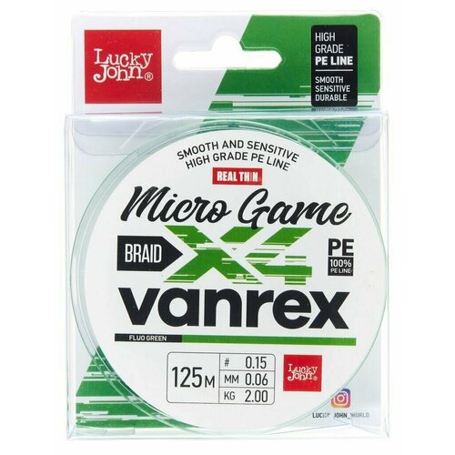 Плетеный шнур / плетенка для рыбалки Lucky John Vanrex MICRO GAME х4 BRAID Fluo Green 125/006 (LJ4115-006)