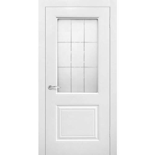 Дверь Верда Роял 2 эмаль Стекло Сатинато с гравировкой Белый 2000*800 + коробка и наличники