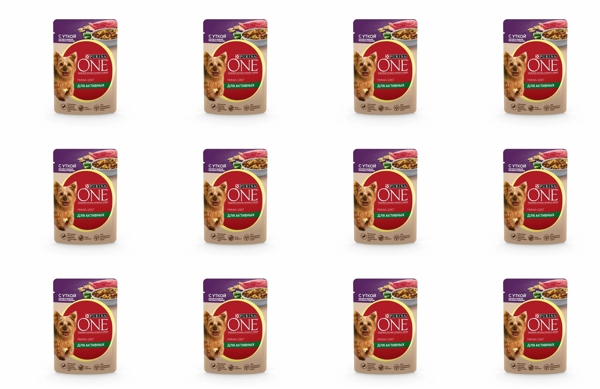 фото Purina One влажный корм для активных собак Мини, с уткой, пастой и зеленой фасолью в подливе, 85 г, 12 шт