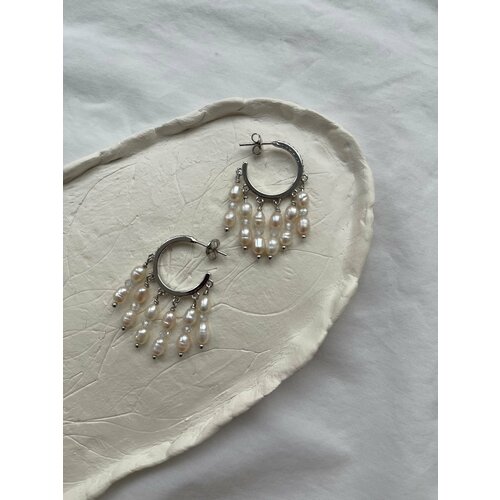 Серьги PANSY, жемчуг пресноводный, размер 30 мм, бежевый, серебряный