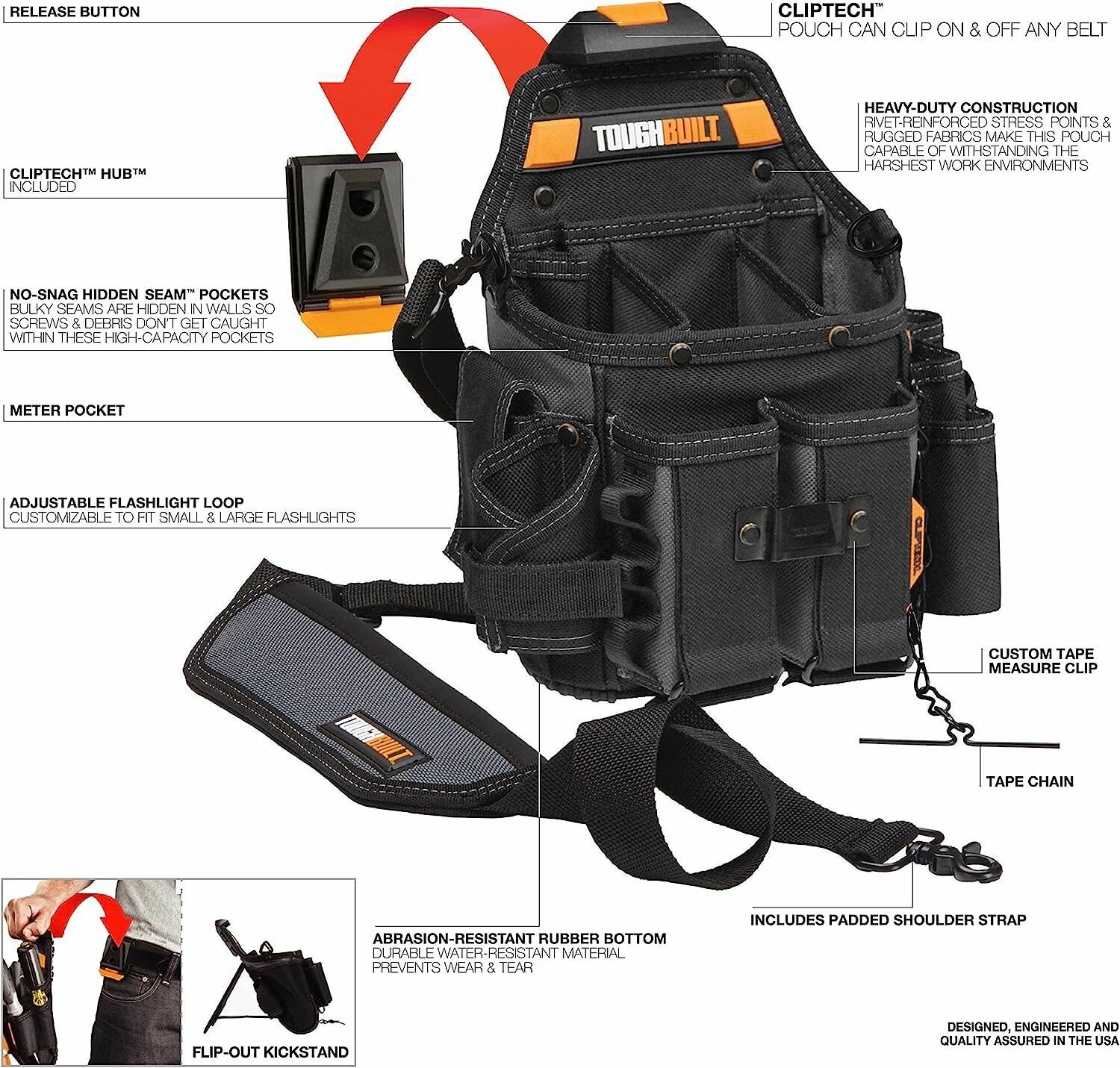 Поясная сумка для электрика Toughbuilt TB-CT-114, полиэстер, черная, с плечевым ремнем, 15 отсеков — фото 1