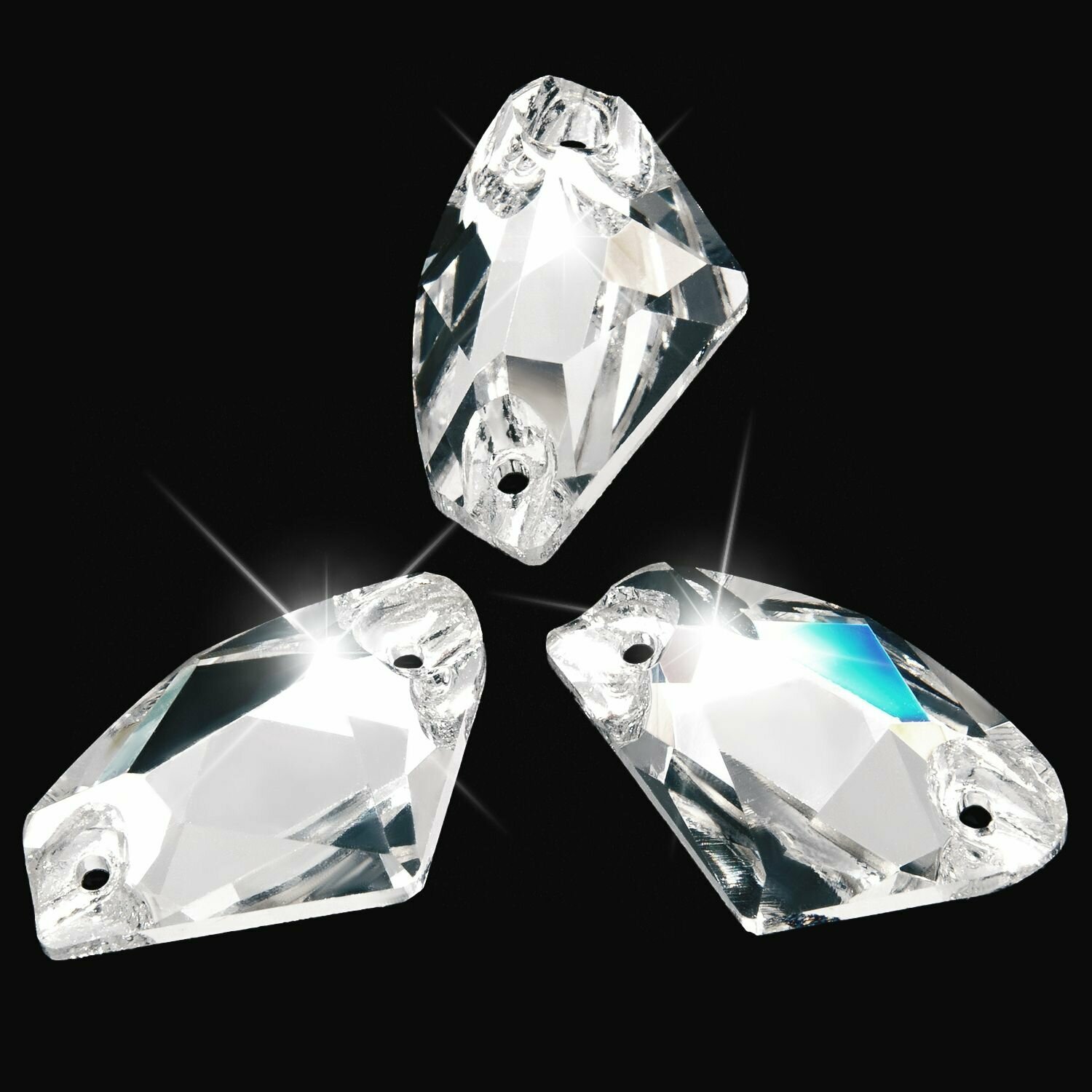 Стразы пришивные хрустальные, стеклянные, форма Галактик цвет Кристалл Crystal (прозрачный белый), 9х14 мм 12 штук, с плоской задней поверхностью и 2 отверстиями для пришивания, марка Dongzhou