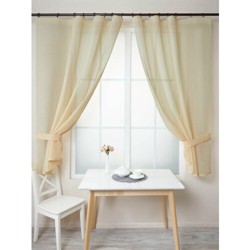 Тюль для кухни SANPA HOME короткий на ленте под лен бежевый размер 145х180 - 2 шт 1596₽
