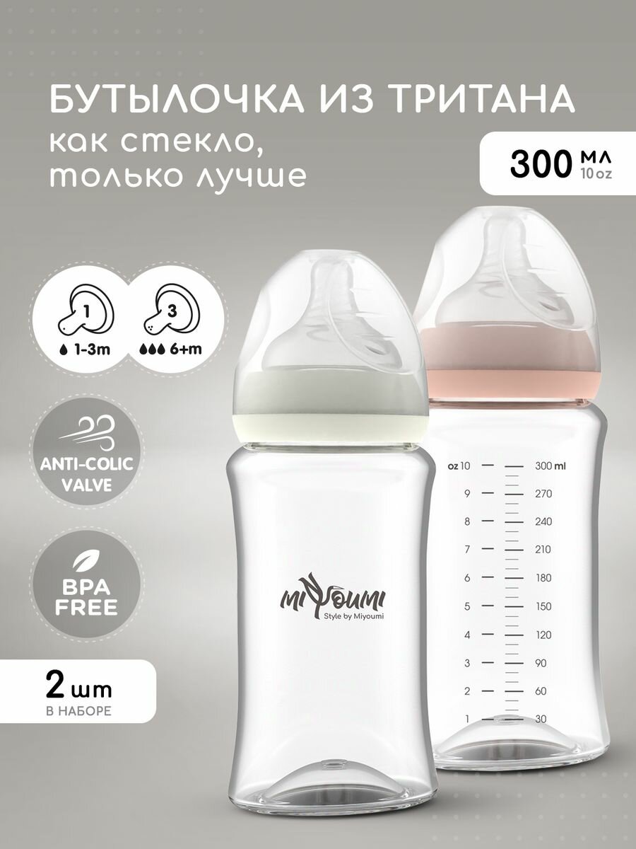 Бутылочка для кормления "Miyoumi", антиколиковая, 300 мл, 2 шт