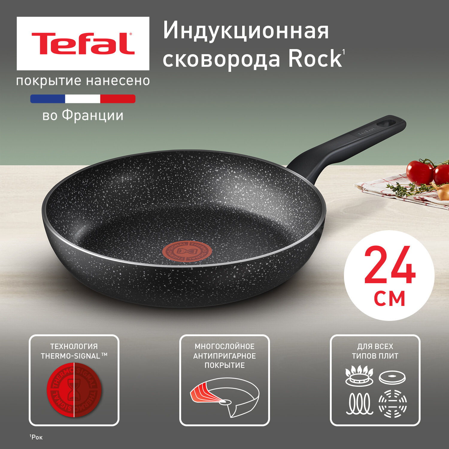 Сковорода Tefal 04225124 Rock, диаметр 24 см, с индикатором температуры, с антипригарным покрытием, для газовых, электрических и индукционных плит