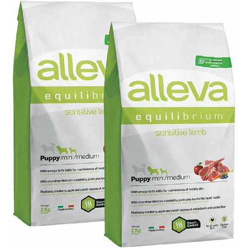 ALLEVA EQUILIBRIUM PUPPY MINI/MEDIUM SENSITIVE LAMB для щенков маленьких и средних пород с чувствительным пищеварением с ягненком (2 + 2 кг) alleva equilibrium sensitive lamb