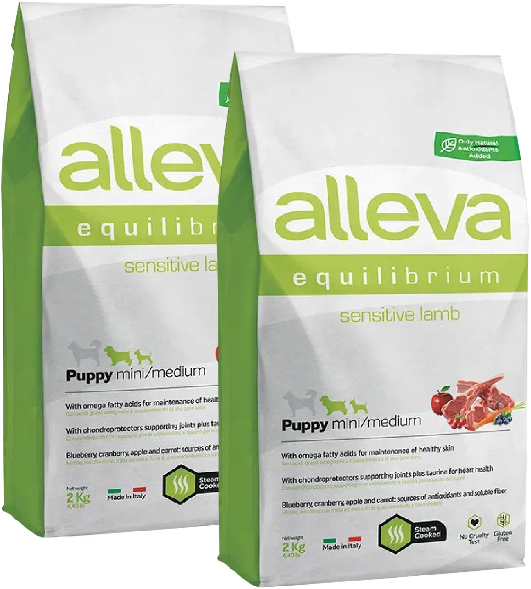 ALLEVA EQUILIBRIUM PUPPY MINI/MEDIUM SENSITIVE LAMB для щенков маленьких и средних пород с чувствительным пищеварением с ягненком (2 + 2 кг)