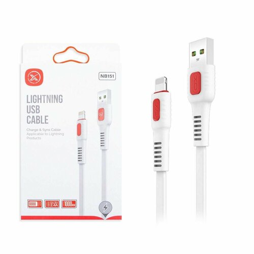 Кабель USB Lightning, XO NB151, 2.4 A, плоский, белый, 1 шт кабель defender usb lightning ach02 01l 1 м 1 шт белый
