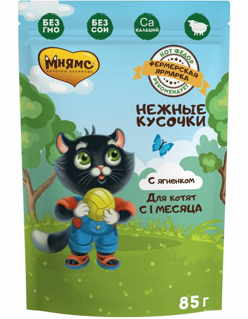 Влажный корм для котят Мнямс Кот Федор рекомендует Фермерская ярмарка, с ягненком 24 шт. х 85 г (кусочки в соусе)