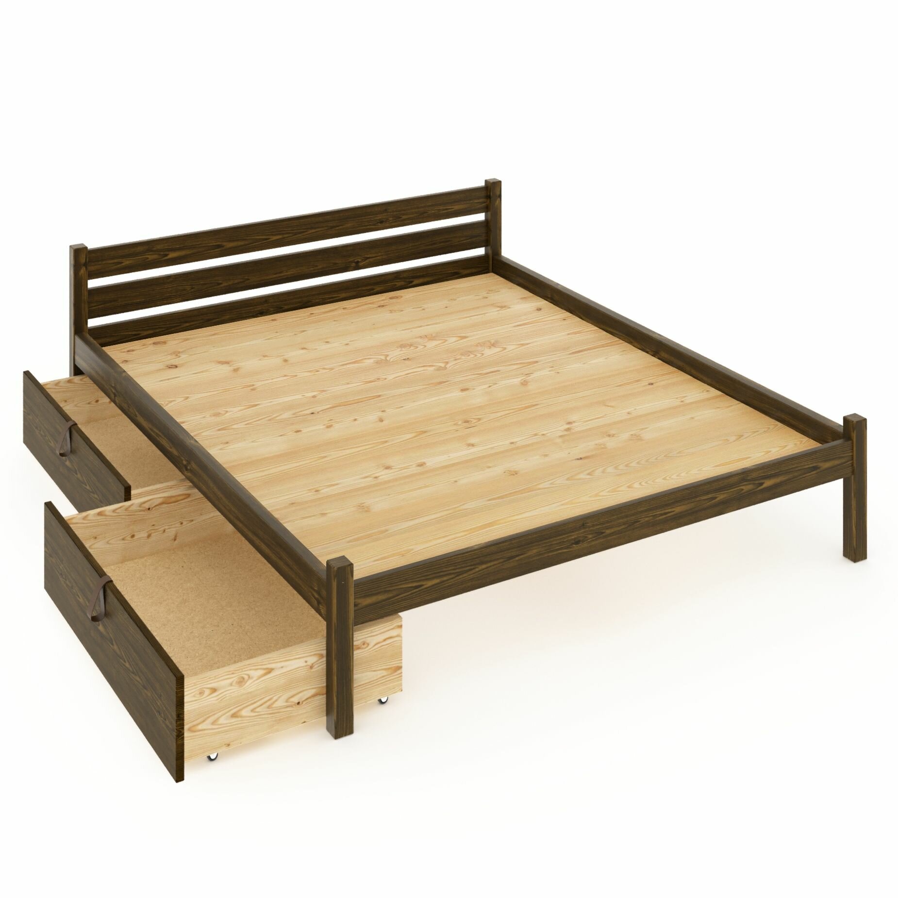 Кровать двуспальная Классика из массива сосны со сплошным основанием 200х180 см (габариты 210х190), с двумя выкатными ящиками, цвет темного дуба
