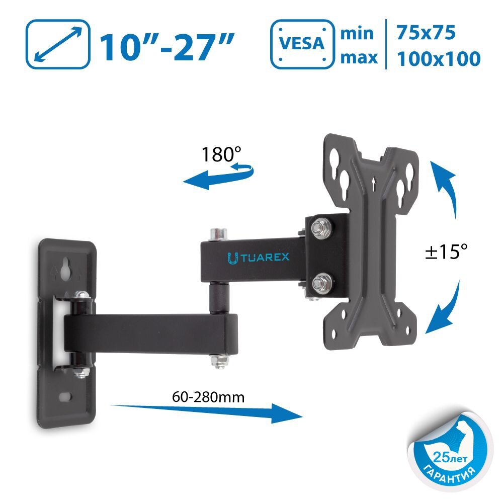 Кронштейн для телевизора на стену / крепление наклонно-поворотное Tuarex ALTA-109 / до 32 дюймов / vesa 100x100