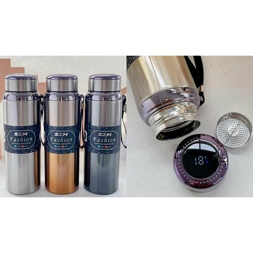 Термос SZM, 0,6 л, узкое горло, ситечко, датчик температуры, шнурок