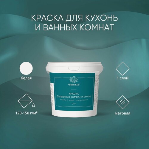 Изображение товара Краска для ванных комнат и кухонь MasterGood (1,5 кг) / Для окраски стен и потолков в кухне и в ванной