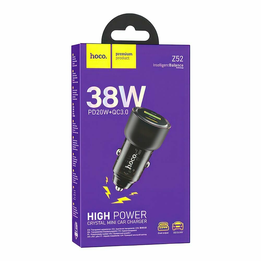 АЗУ HOCO Z52 Spacious 1xUSB, 1xUSB-C, 3А, 38W, PD20W, QC3.0 (прозрачный черный) — фото 1
