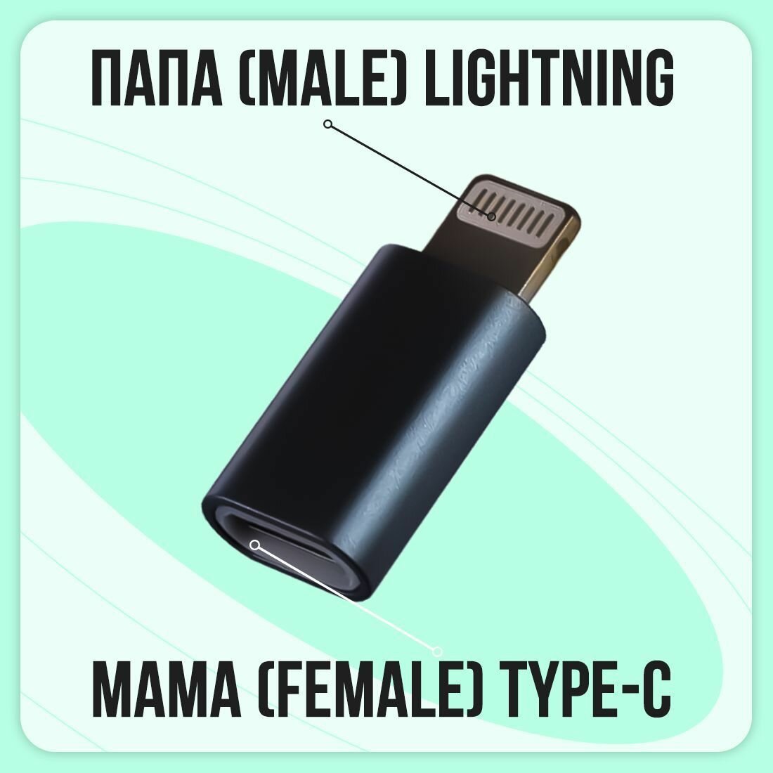 Адаптер-переходник Type-C (мама/вход) на Lightning 8 pin(папа/выход), OTG для для Apple iPhone, iPad, iPod, для Флешек, TLM чёрный металлик — фото 1