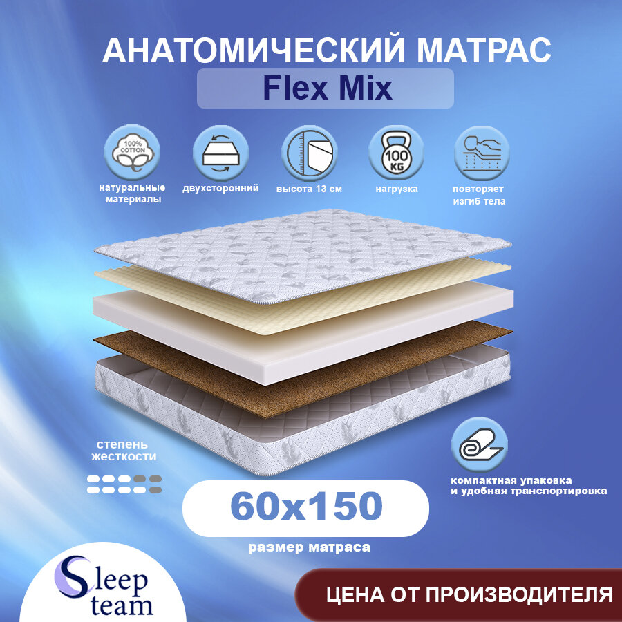 Матрас детский SleepTeam Flex Mix 60х150 высота 13 см беспружинный с массажным эффектом односпальный