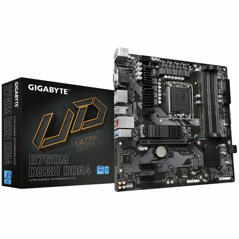 Материнская плата GIGABYTE B760M DS3H DDR4, Socket1700, Intel B760, 4xDDR4, PCI-Ex16, 4SATA3, mATX, Retail