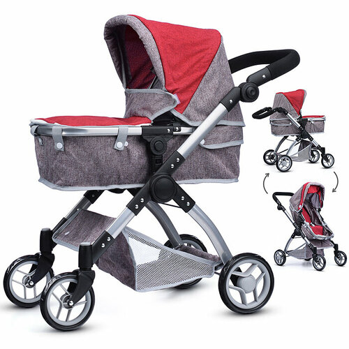 Коляска - трансформер 9620 для кукол, металлическая, регулируемая ручка, с корзиной, цвет серо-розов