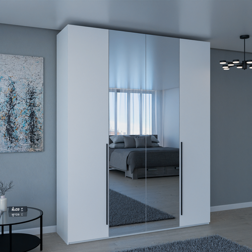 Изображение товара Шкаф распашной Пакс - 4 с зеркалами | ЛДСП Белый шагрень | Ручки черные