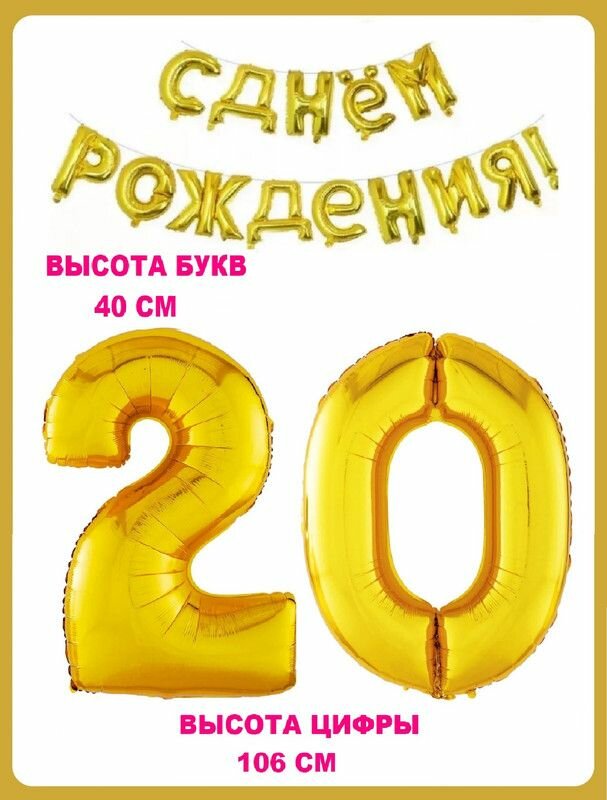 Набор шаров Цифра 20 + Гирлянда в виде надписи С днем рождения! золотые (шз2)(шз0)(шзг)