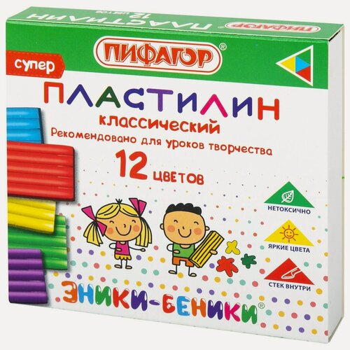 Изображение товара Пластилин 12 цветов Пифагор "Эники-Беники Супер", 120г, со стеком (106505), 48 уп.
