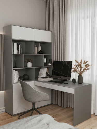 Изображение товара Стол угловой письменный со шкафом с полками и дверцами ЛДСП серый