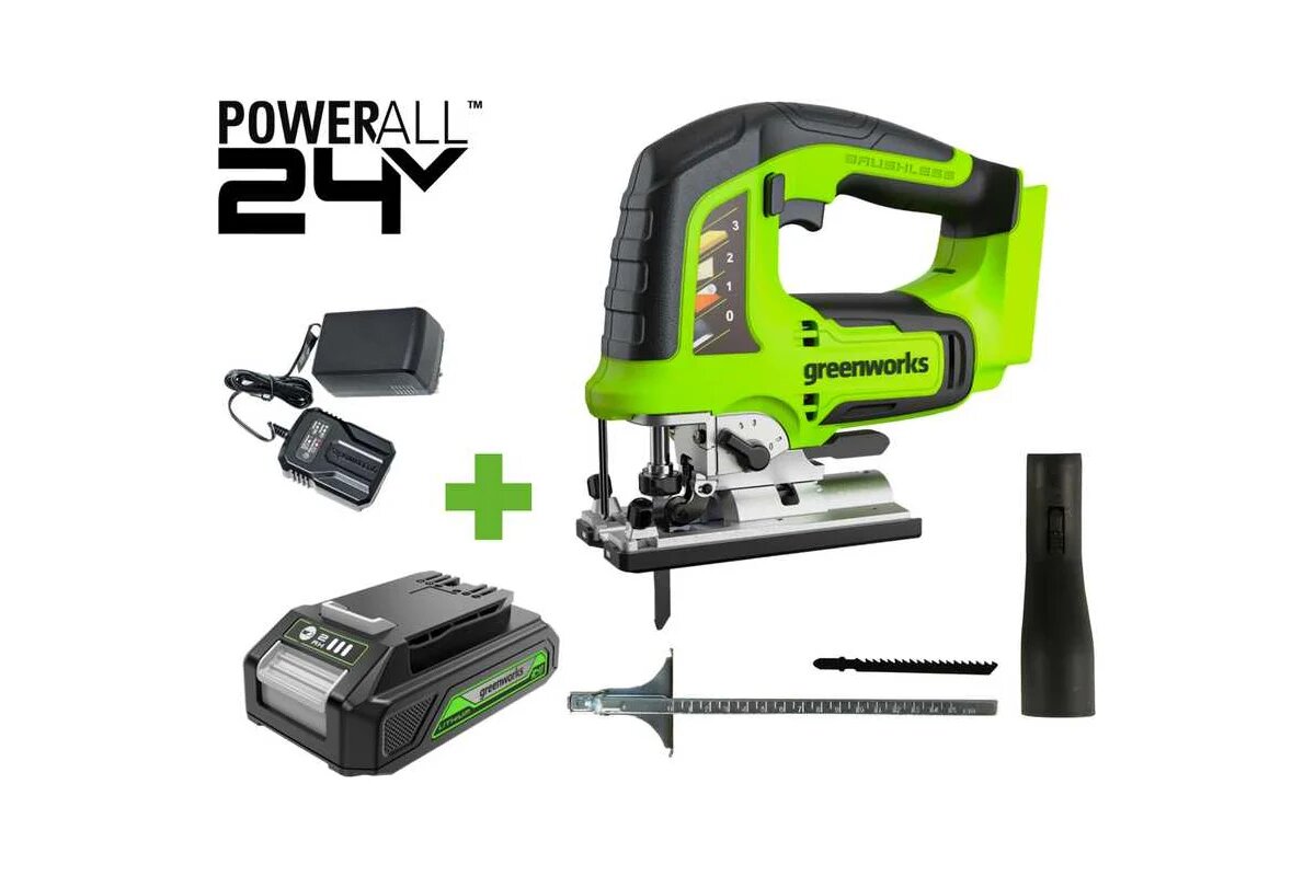GreenWorks Лобзик GD24JS 24V б/щет 100 мм 800-3000/мин 4-ст. маятник алю. подошва LED1x2Ач ЗУ кор () 3601407VUA