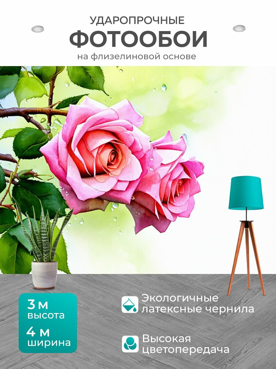 Фотообои моющиеся ударопрочные "Густые розовые розы, роскошно растущие на ветвях дерева, усыпаны каплями росы, переливающимися на утреннем свету." 400x300 см. флизелиновые на стену